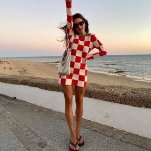 Zara Red and White Checkered Dress with Green Trim Small